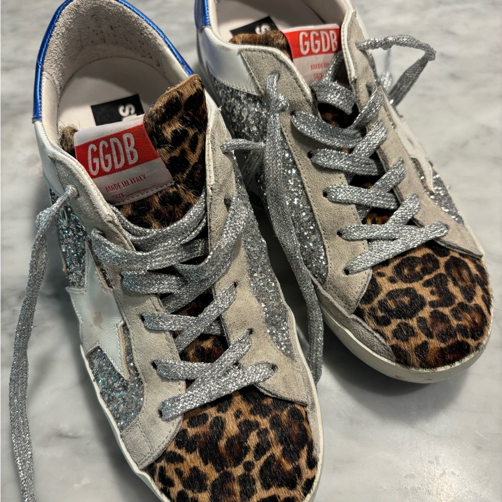 Golden Goose Super Stars Electric Blue, Silver, Leopard Size 38 NWOB